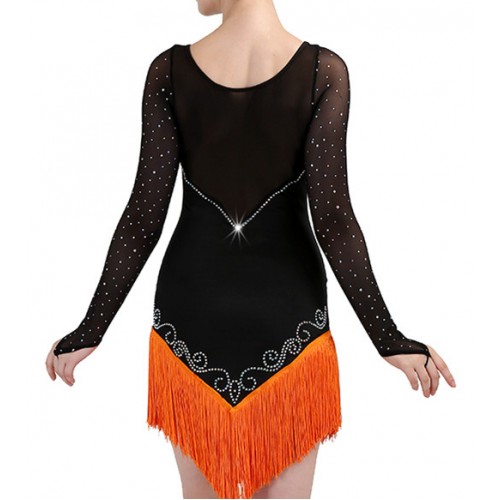 Women's latin salsa rumba dance dresses Black orange tassels diamond long sleeves stage performance professional ballroom dancing dress